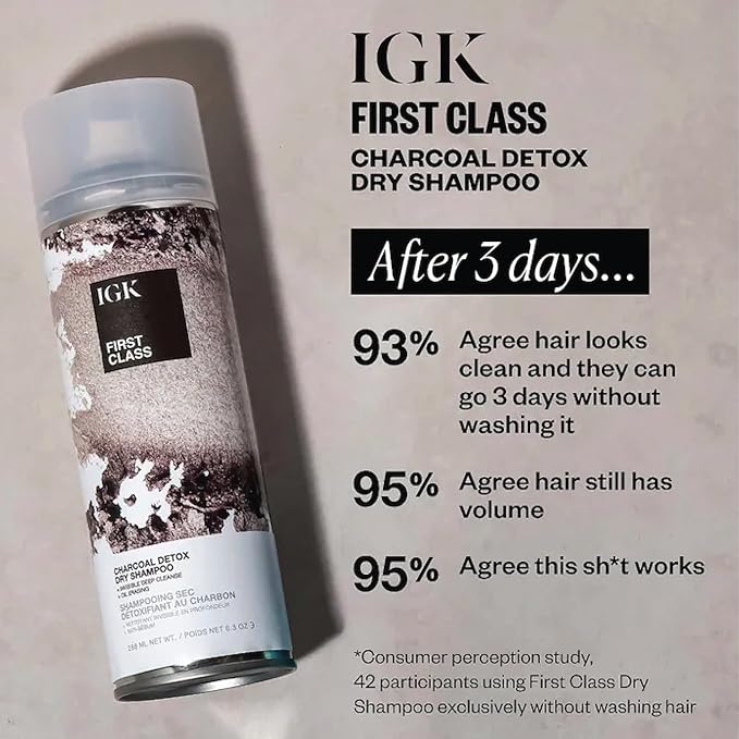 IGK First Class Charcoal Detox Dry Shampoo Travel Size | Extends Style for Days | Cleanses, Absorbs Oil and Refreshes | Eliminates Odor Post-Workout | 2.0 Fl Oz (Pack of 2)