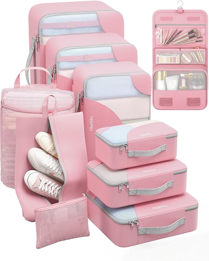 ALL INCLUDED 10 Set Durable Packing Cubes for Suitcases,OlarHike Essentials for Travel,UPGRADED Anti-Tear Stitching, NEW Improved Luggage Packing Organizers for Travel Accessories,Pink