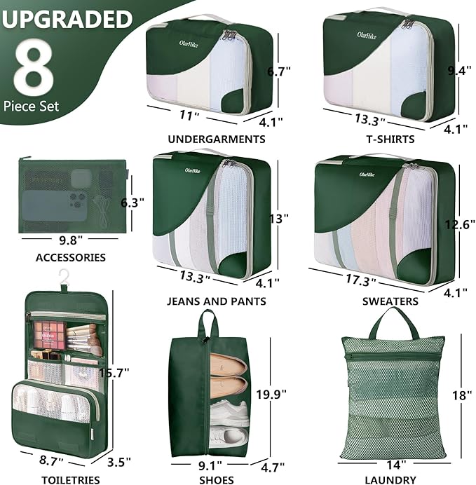 8 Set Packing Cubes for Travel,Christmas Gifts for Women Mom,Anti-Tearing Suitcase Organizer for Luggage with Shoe &Toiletry Bag,OlarHike Vacation Essentials & Accessories for Cruise Ship,Dark Green