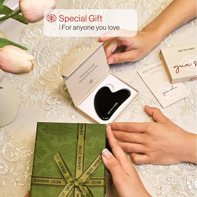 Rena Chris Gua Sha Facial Tools, Obsidian Guasha Tool for Acupuncture, Manual Massage Tool for Jawline Sculpting and Puffiness Reducing, Gua Sha Facial Massage Tool, Skin-Care Gift (Black)