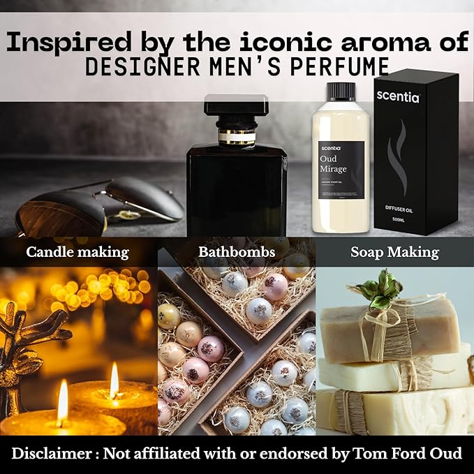 Scentia Oud Royal Fragrance Oil Inspired by TF's Oud Wood Perfume, Refill Diffuser Oil, Perfume Dupe, Aromatherapy Essential Oil Fragrance Set for Cold Diffusers, Candle Making | 500 ml, 16.9Fl Oz