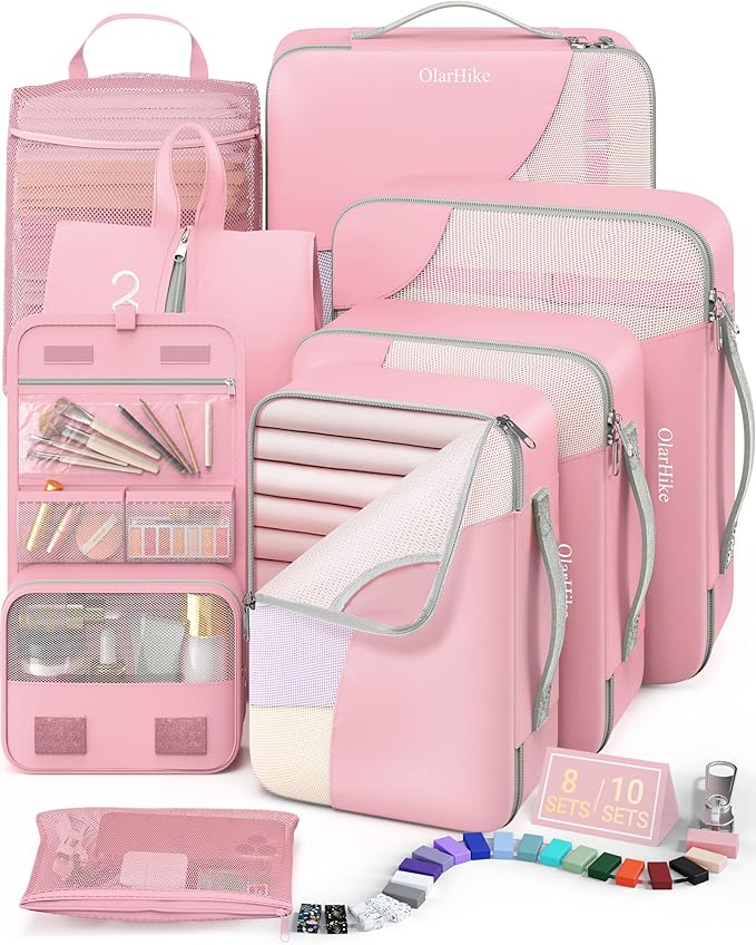 8 Set Packing Cubes for Travel, Gifts for Women Mom,Anti-Tearing Suitcase Organizer for Luggage with Shoe & Hanging Toiletry Bag,OlarHike Vacation Essentials & Accessories for Cruise Ship,Dream Pink