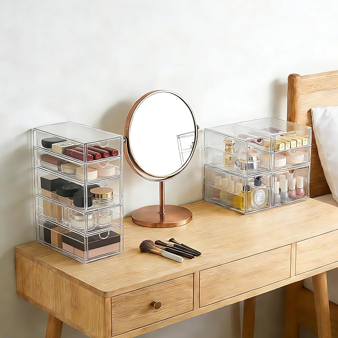 Prsildan Acrylic Drawer Makeup Organizer with 9 Drawers, Set of 3 Office Desk Organizers Accessories, Clear Stackable Storage Drawers for Vanity, Countertop, Craft, Jewelry, Art Supply Organization