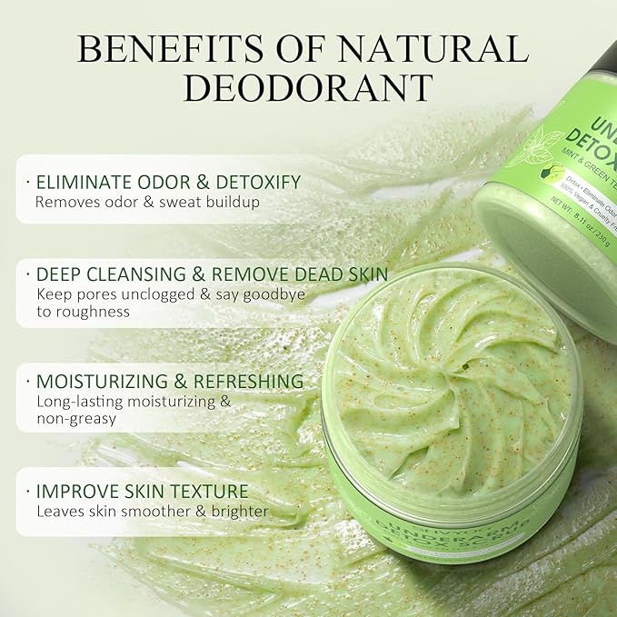 Underarm Detox Scrub, Armpit Detox Green Tea, Mint and Tea Tree Body Deodorant, Natural Dark Armpit Remover for Odors Eliminating and Exfoliating, also for Whole Body & Sensitive Skin, Unisex 8.11 Oz