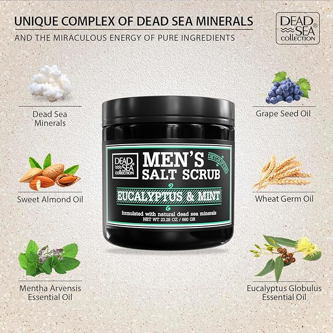 Salt Body Scrub Eucalyptus & Mint For Men– Moisturizes, Exfoliates & Nourishes Skin – Cleanses & Detoxifies with Dead Sea Minerals – Dead Sea Collection - 23.28 OZ