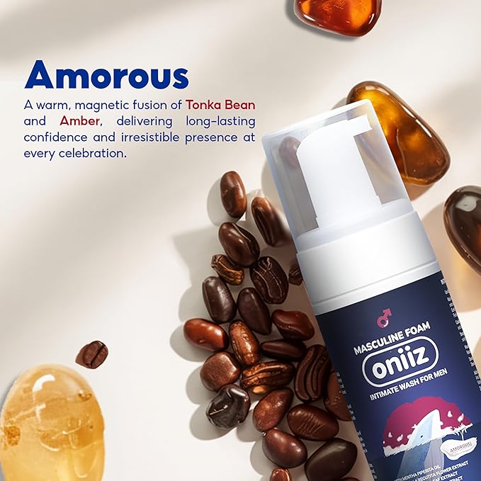 Masculine Foam Amorous Intimate Wash for Men, Triple-Barrier Intimate Defense - pH Balanced, Natural Ingredients, Removes Sweat, Bad Odor - Warm & Attractive Fragrance 3.38 fl. oz