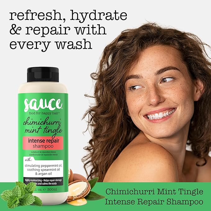 SAUCE Intense Repair Shampoo, Chimichurri Mint Tingle (10 Fl Oz) Soothes & Calms Scalp, Hydrating Shampoo for Damaged Hair with Argan & Peppermint Oil, No Parabens & Sulfates