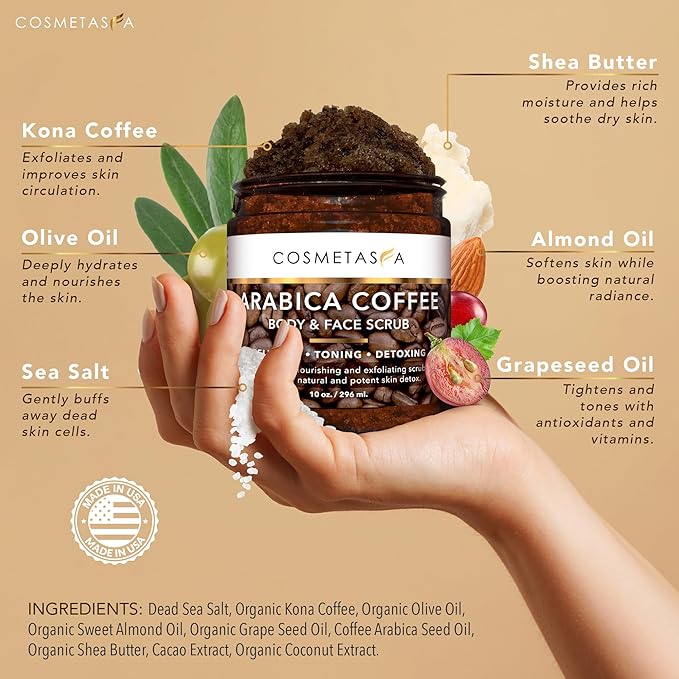 Cosmetasa Organic Arabica Coffee Scrub Bundle - 2 in 1 Face & Body Scrub for Women & Men - Natural Cellulite Exfoliator with Exfoliating Gloves