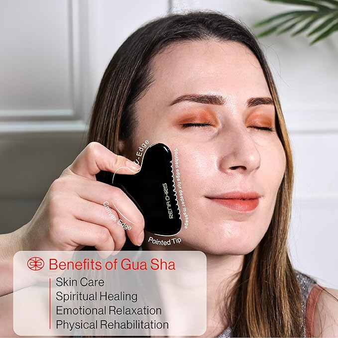 Rena Chris Gua Sha Facial Tools, Obsidian Guasha Tool for Acupuncture, Manual Massage Tool for Jawline Sculpting and Puffiness Reducing, Gua Sha Facial Massage Tool, Skin-Care Gift (Black)