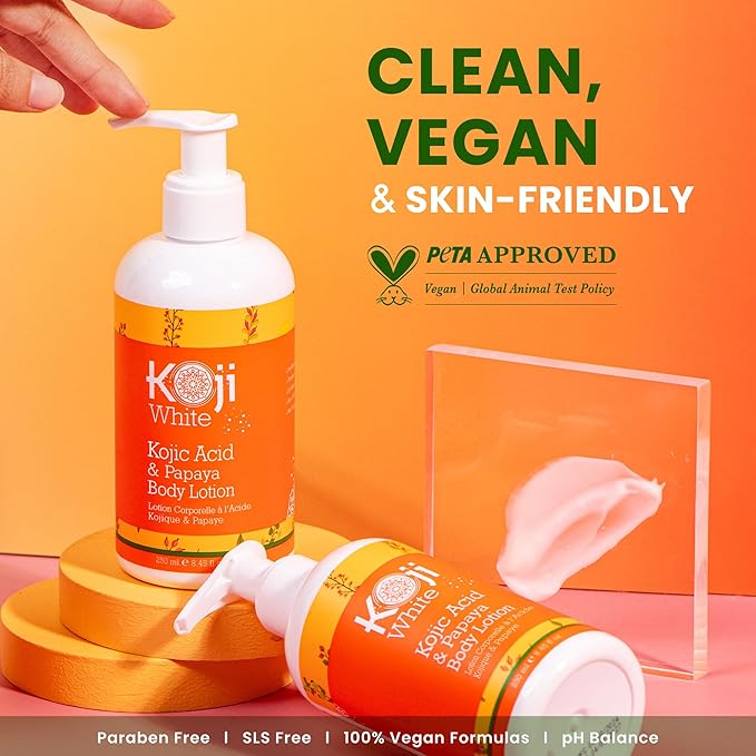 Koji White Kojic Acid & Papaya Body Lotion - Exfoliating, Hydrating, Moisturizing, Skin Care for Sun-Damaged Skin, Vegan, Paraben-Free, 8.45 Fl Oz (1 Bottle)