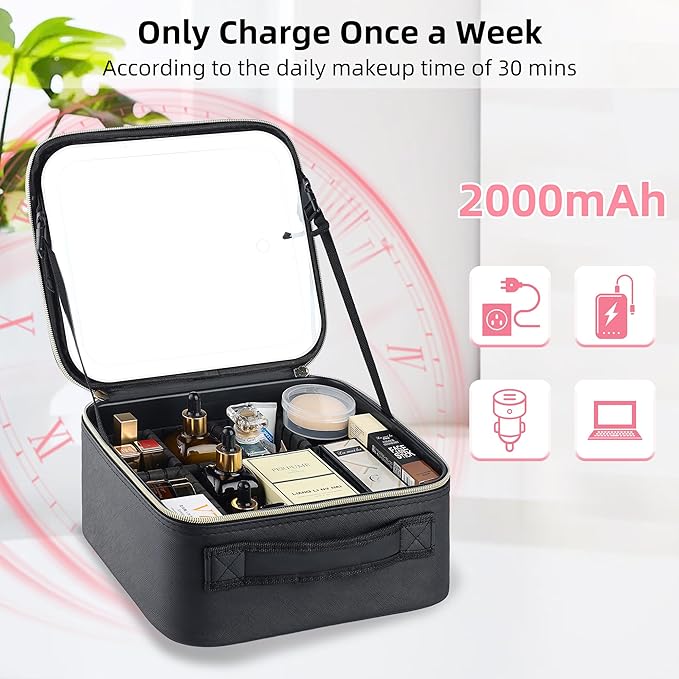 ZhenGuiRu Travel Makeup Bag with LED Mirror – Waterproof Cosmetic Train Case with Adjustable Dividers, Portable Makeup Organizer and Toiletry Bag for Women, Teens & Girls Gift, Black
