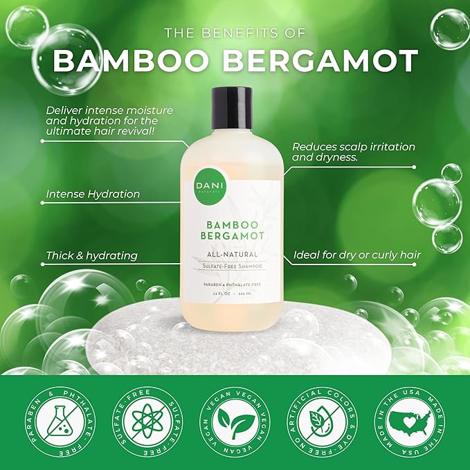 DANI Naturals Shampoo - Bamboo Bergamot is a sulfate-free, vegan, and organic shampoo that deeply hydrates and nourishes dry and curly hair, leaving it soft, smooth, and manageable.