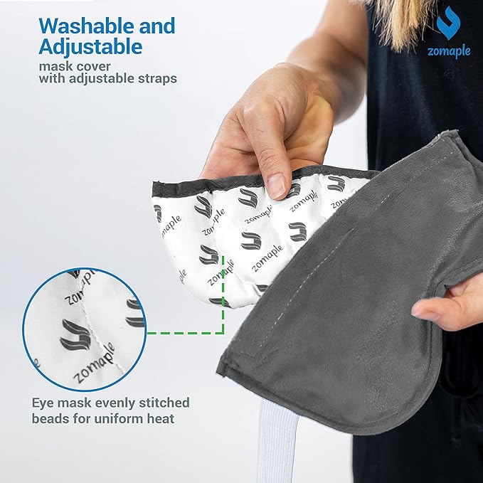 ZOMAPLE Heated Eye Mask, Grey – Soothing Moist Heat for Dry, Tired Eyes – Quick Microwave Prep, Adjustable Strap, Travel Pouch & Plush Washable Cover – Reusable, Cord-Free Warm Compress for Eyes