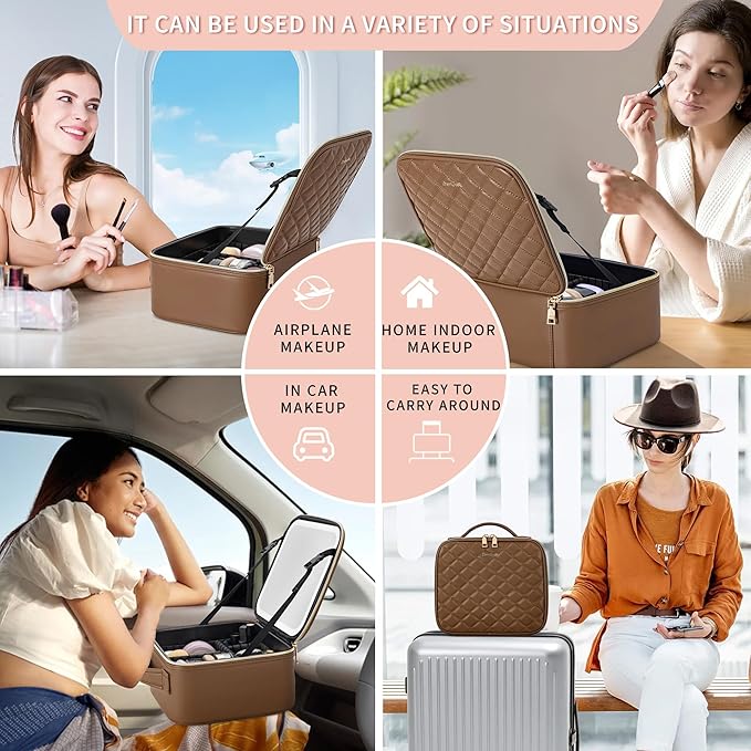 ZhenGuiRu Travel Makeup Bag with LED Mirror – Waterproof Cosmetic Train Case with Adjustable Dividers, Portable Makeup Organizer and Toiletry Bag for Women, Pink Teens & Girls Gift