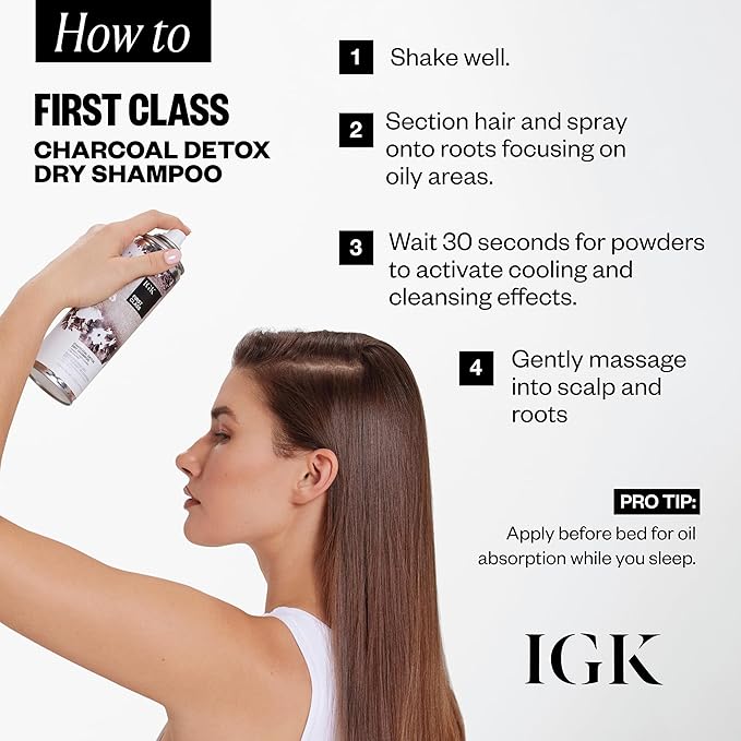IGK First Class Charcoal Detox Dry Shampoo | Deep Cleansing, Oil & Odor Absorbing | Adds Volume & Texture | For All Hair Types | 6.3 oz