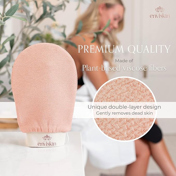 Enviskin Dermaglow Deep Exfoliating Glove - Plant Based Body Exfoliator for Kerotosis Pilaris & Spray Tan Removal -Pink