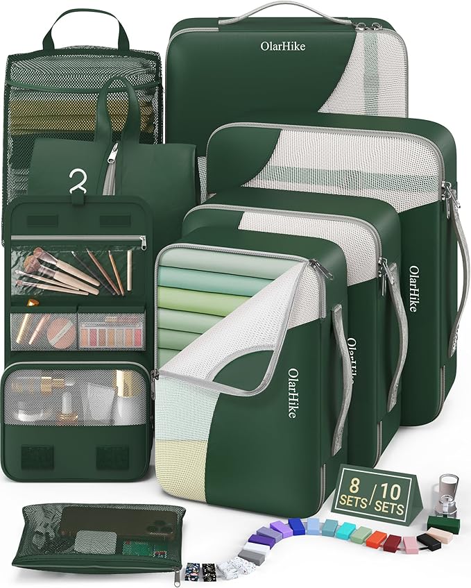 8 Set Packing Cubes for Travel,Christmas Gifts for Women Mom,Anti-Tearing Suitcase Organizer for Luggage with Shoe &Toiletry Bag,OlarHike Vacation Essentials & Accessories for Cruise Ship,Dark Green