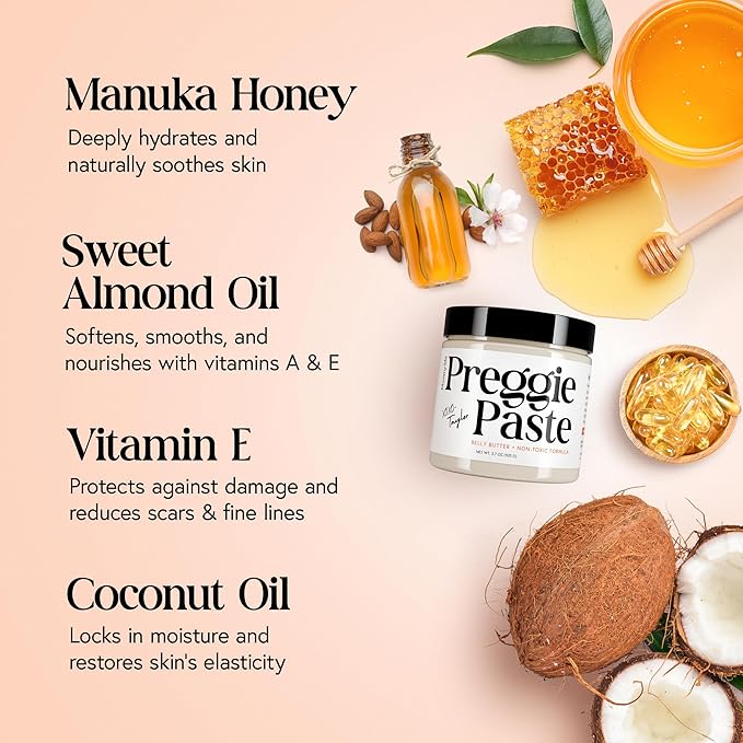 MOMMY LIFE Preggie Paste Belly Butter – Stretch Mark Cream for Pregnancy & Postpartum | Non Toxic Oil Based Moisturizing Cream with Manuka Honey & Vitamin E - 3.7oz