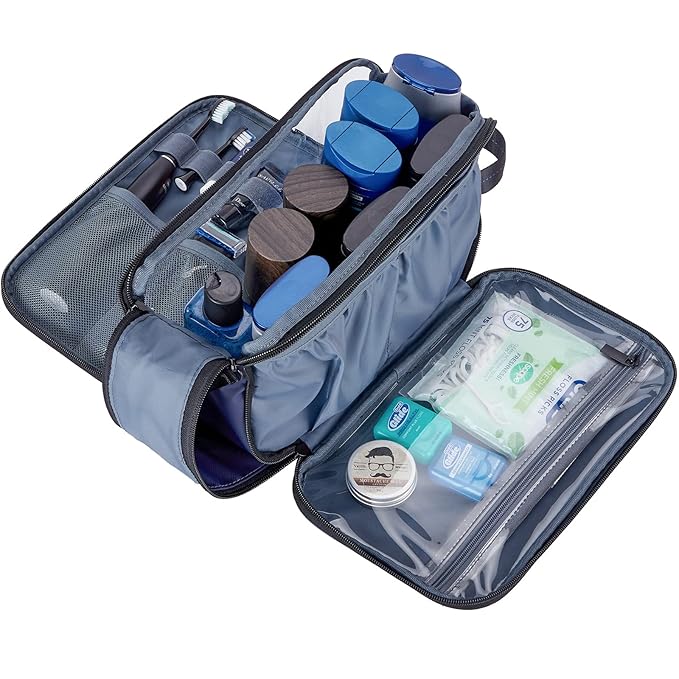 ZEEMO Travel Toiletry Bag for Men, Medium Water-Resistant Double-Sided Full-Open Dopp Kit, Versatile Organizer for Shower and Hygiene Accessories, Bathroom Essentials, Cosmetics, Blue