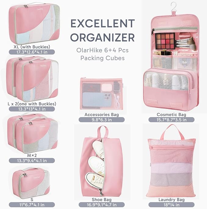 ALL INCLUDED 10 Set Durable Packing Cubes for Suitcases,OlarHike Essentials for Travel,UPGRADED Anti-Tear Stitching, NEW Improved Luggage Packing Organizers for Travel Accessories,Pink
