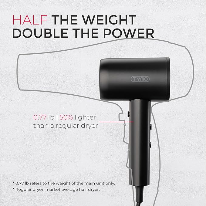 TYMO Diffuser Hair Dryer Blow Dryer - 300 Million Ionic Hairdryer with Diffuser & Comb Attachment for Curly Hair, Professional Blowdryer for Women, Cool Air Button, Small Travel Lightweight, Black