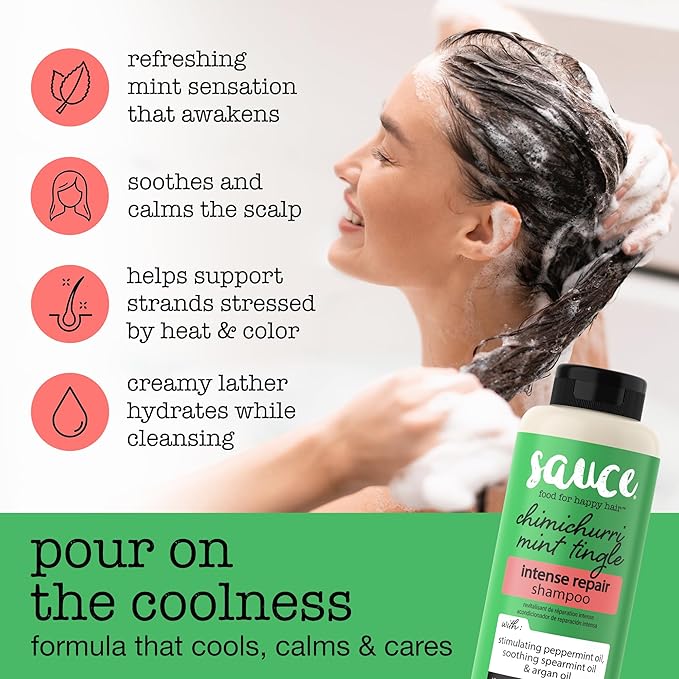 SAUCE Intense Repair Shampoo, Chimichurri Mint Tingle (10 Fl Oz) Soothes & Calms Scalp, Hydrating Shampoo for Damaged Hair with Argan & Peppermint Oil, No Parabens & Sulfates