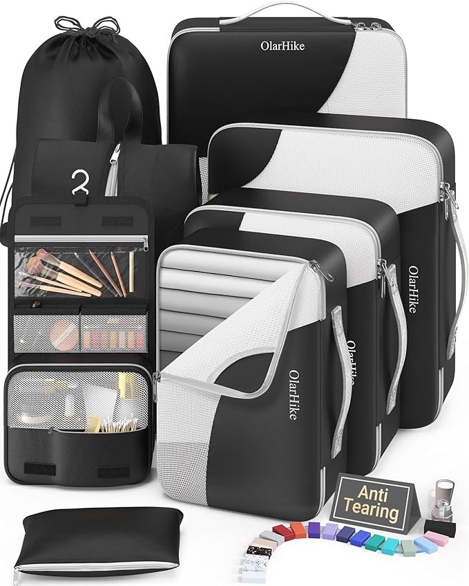 8 Set Packing Cubes for Travel, Gifts for Men,Anti-Tearing Suitcase Organizer for Luggage with Shoe & Hanging Toiletry Bag, OlarHike Vacation Accessories for Cruise, Travel Essentials for Men, Black