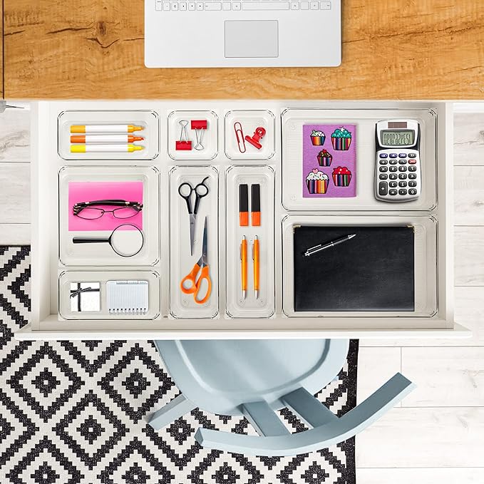 Ravinte 6 Pack Drawer Organizer - 3" X 9" Plastic Storage Bins, Acrylic Organizers with Non-Slip Pads Clear Desk Storage Tray for Makeup, Jewelries, Kitchen Utensils, Bathroom and Office