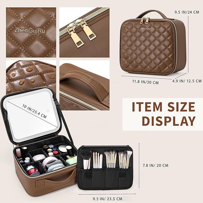 ZhenGuiRu Travel Makeup Bag with LED Mirror – Waterproof Cosmetic Train Case with Adjustable Dividers, Portable Makeup Organizer and Toiletry Bag for Women, Pink Teens & Girls Gift