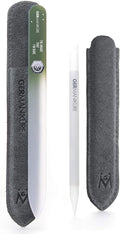 GERMANIKURE 2 Pc Glass Bundle - Crystal Glass Cuticle Stick & I'm Aware That I'm Rare Nail File Set in Suede Sleeves – Handmade in Czech Republic – Cuticle Pusher, Callous Remover, Fingernail File