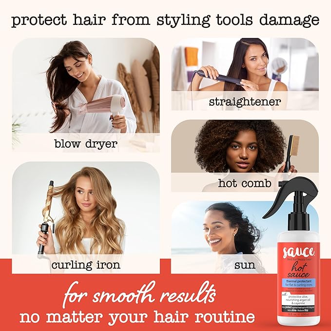 SAUCE BEAUTY Hair Heat Protectant Spray (8 Fl Oz) Hot Sauce Thermal Protectant Spray with Argan Oil, Aloe & Cayenne, Anti Frizz & Adds Shine, Blow Dry & Flat Iron Hair Spray for All Hair Types