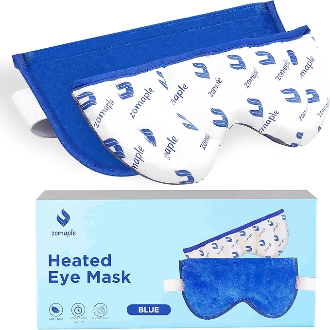 ZOMAPLE Heated Eye Mask, Blue – Soothing Moist Heat for Dry, Tired Eyes – Quick Microwave Prep, Adjustable Strap, Travel Pouch & Plush Washable Cover – Reusable, Cord-Free Warm Compress for Eyes