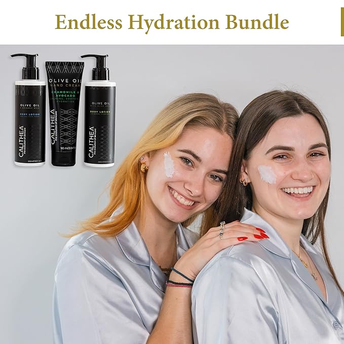 Calithea Endless Hydration Bundle: Donkey Milk Body Lotion, Aloe Vera Body Lotion, Chamomile & Avocado Hand Cream