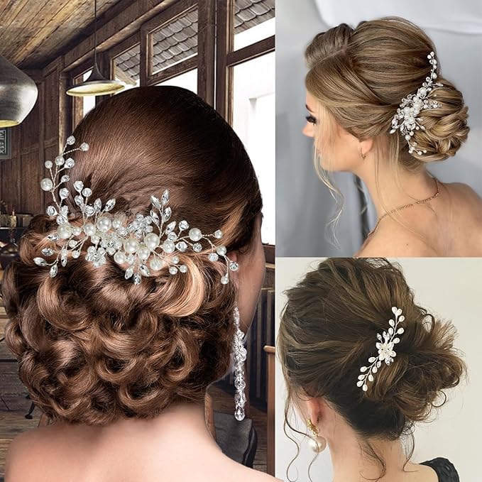 5 Pieces Wedding Hair Accessories: Pearl Crystal Rhinestone Hair Comb, Hair Pins for Brides, Bridesmaids, Women, Girls (Silver, Gold)