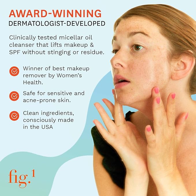 Fig.1 Micellar Oil Cleanser Refill for Face - Makeup Remover Cleansing oil, Facial Cleanser - Squalane & Grapeseed Oil Formula, Cleanse without Clogging Pores, Acne-Prone Facial Skincare, 3.4 Fl/Oz