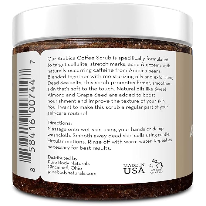 Pure Body Naturals Arabica Coffee Body Scrub Exfoliator - Loaded with Caffeine for Cellulite and Stretch Marks | Exfoliating Skin on Face, Hand, Foot, Butt - Coffee Scrub for Women, 12 Ounce