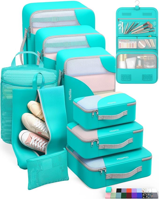ALL INCLUDED 10 Set Durable Packing Cubes for Suitcases,OlarHike Essentials for Travel,UPGRADED Anti-Tear Stitching, NEW Improved Luggage Packing Organizers for Travel Accessories,Turquoise