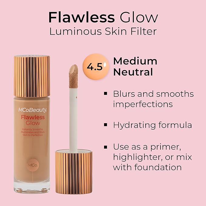 MCoBeauty - Flawless Glow Luminous Skin Filter - 4.5 Medium Shade - 4-in-1 Multi-Use Formula that Contains Squalane - Includes Doe Foot Applicator - Liquid Illuminator