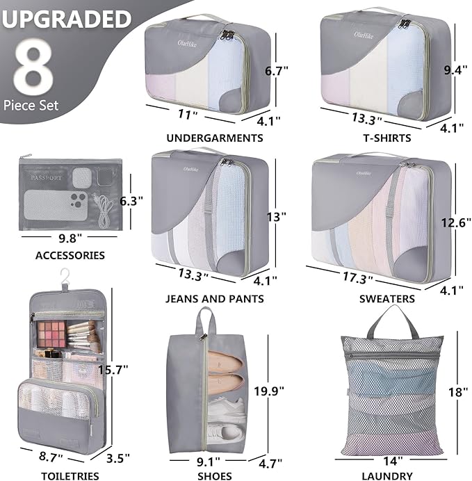 8 Set Packing Cubes for Travel, Anti-Tearing Suitcase Organizer for Luggage with Shoe & Hanging Toiletry Bag,Gifts for Women Mom,OlarHike Vacation Essentials & Accessories for Cruise Ship,Ash