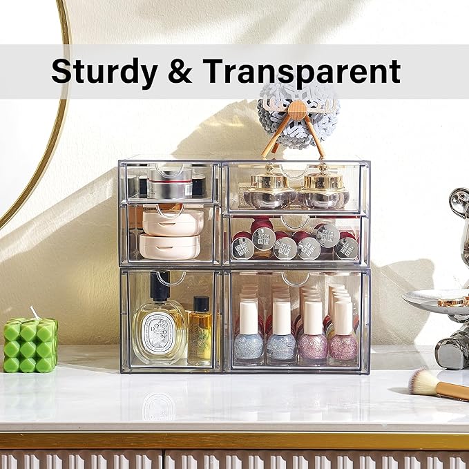 Prsildan Acrylic Drawer Makeup Organizer with 6 Drawers (Not for Baby Bottle), Set of 2 Office Desk Organizers Accessories, Clear Stackable Storage Drawers for Vanity, Craft (Largest Drawer 4" Tall)