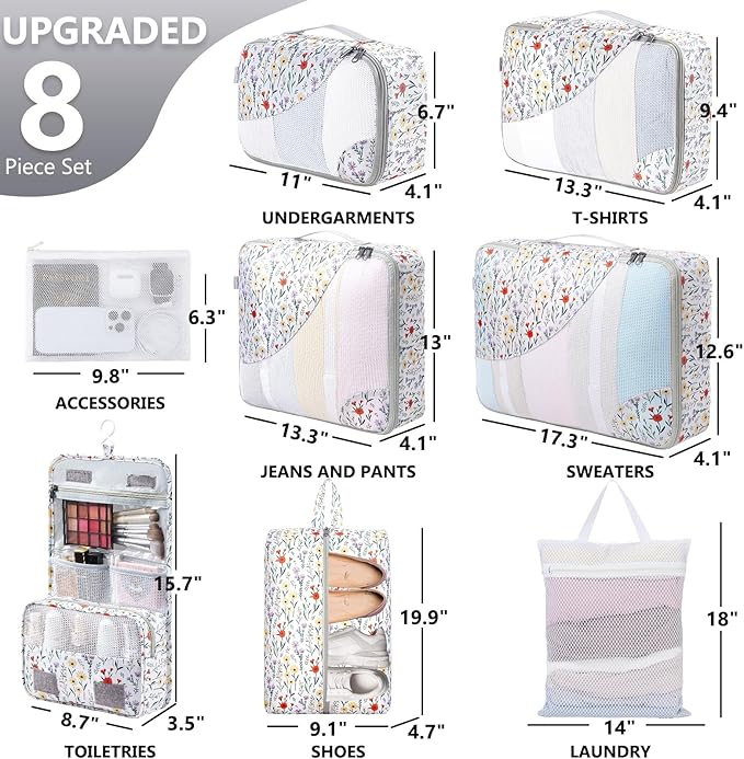 8 Set Packing Cubes for Travel, Anti-Tearing Suitcase Organizer for Luggage with Shoe & Hanging Toiletry Bag,Gifts for Women Mom,OlarHike Vacation Essentials & Accessories for Cruise Ship,Floras