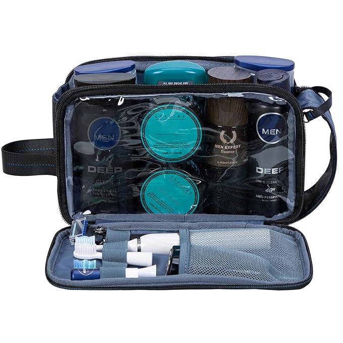 ZEEMO Travel Toiletry Bag for Men, Medium Water-Resistant Double-Sided Full-Open Dopp Kit, Versatile Organizer for Shower and Hygiene Accessories, Bathroom Essentials, Cosmetics, Black and Blue