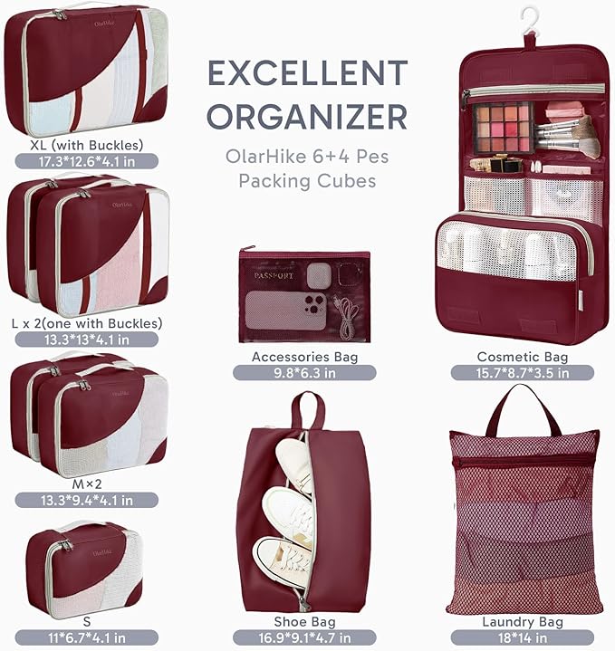 ALL INCLUDED 10 Set Durable Packing Cubes for Suitcases,OlarHike Essentials for Travel,UPGRADED Anti-Tear Stitching, NEW Improved Luggage Packing Organizers for Travel Accessories (Wine)