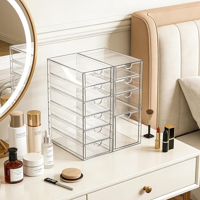 Prsildan Acrylic Drawer Makeup Organizer with 10 Drawers, Set of 2 Office Desk Organizers Accessories, Clear Stackable Storage Drawers for Vanity, Countertop, Craft, Jewelry, Art Supply Organization