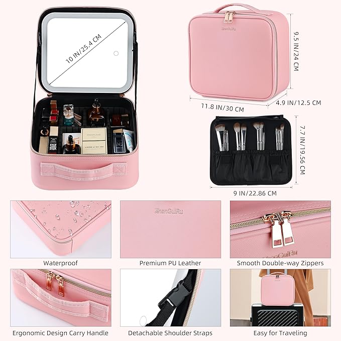 ZhenGuiRu Travel Makeup Bag with LED Mirror – Waterproof Cosmetic Train Case with Adjustable Dividers, Portable Makeup Organizer and Toiletry Bag for Women, Teens & Girls Gift, Pink