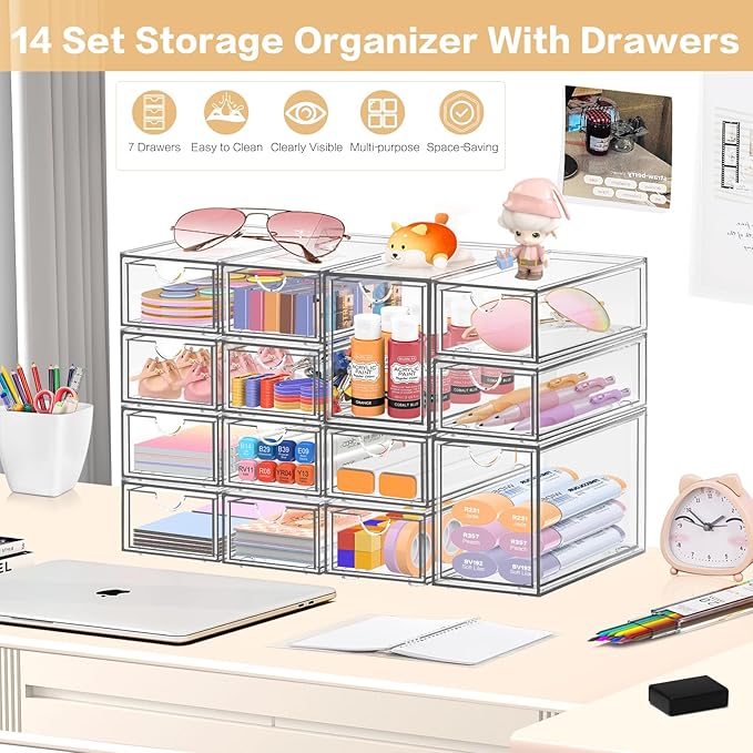 Desk Organizer with 14 Drawers, FODIENS 14 Packs Acrylic Stackable Desktop Storage Drawer Makeup Organizer, Clear Craft Storage Box Cabinets for Office Vanity Countertop Bathroom Bedroom