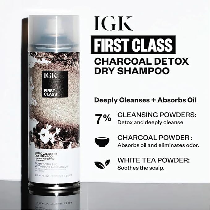 IGK First Class Charcoal Detox Dry Shampoo Travel Size | Extends Style for Days | Cleanses, Absorbs Oil and Refreshes | Eliminates Odor Post-Workout | 2.0 Fl Oz (Pack of 2)