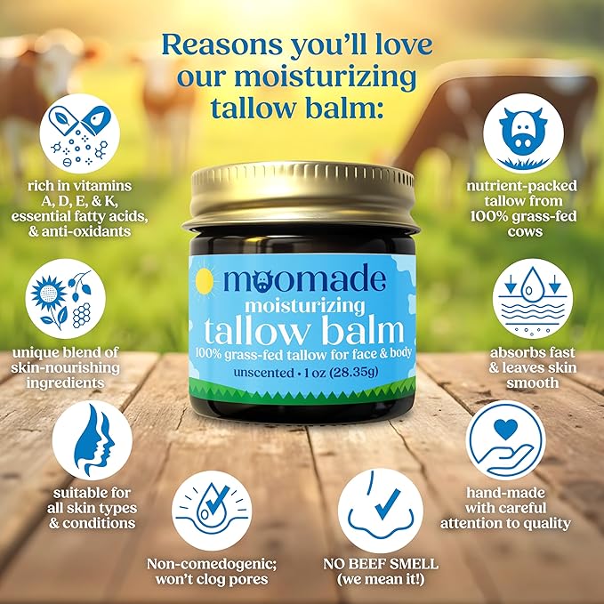 Organic Beef Tallow Balm with Rosehip Oil | Unscented 1 oz – Hand Made in USA 100% Grass-Fed Beef Tallow Moisturizer for Face & Body, Baby, Eczema, Acne-Prone & Sensitive Skin