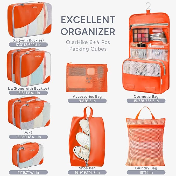 ALL INCLUDED 10 Set Durable Packing Cubes for Suitcases,OlarHike Essentials for Travel,UPGRADED Anti-Tear Stitching, NEW Improved Luggage Packing Organizers for Travel Accessories,Orange