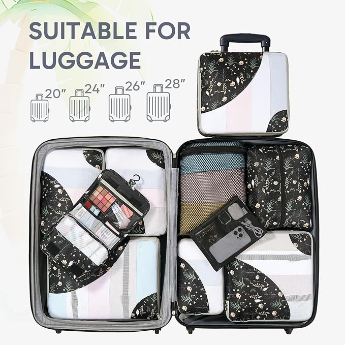 ALL INCLUDED 10 Set Durable Packing Cubes for Suitcases,OlarHike Essentials for Travel,UPGRADED Anti-Tear Stitching, NEW Improved Luggage Packing Organizers for Travel Accessories, Black Flower